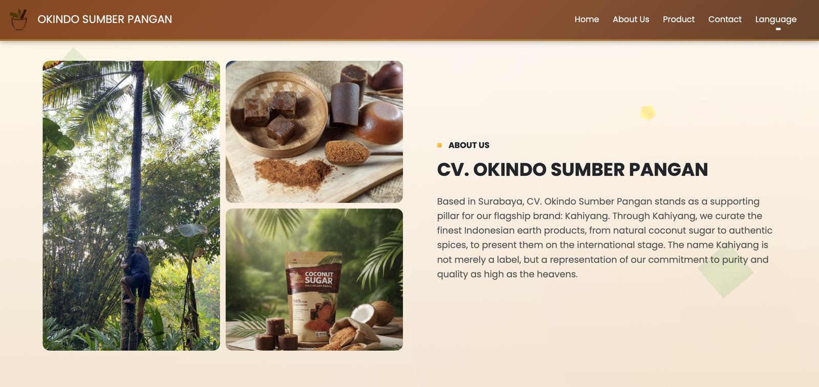 Okindo Sumber Pangan website, About Us page